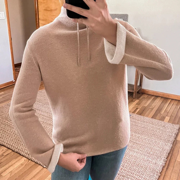 Vince Sweaters - Vince Tan Wool Cashmere Blend Mock Neck Drawstring Bell Sleeve Pullover Sweater